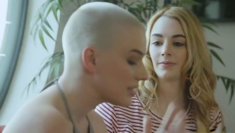 Bald headed dyke Riley Nixon finger fucking and licking tasty GF's pussy