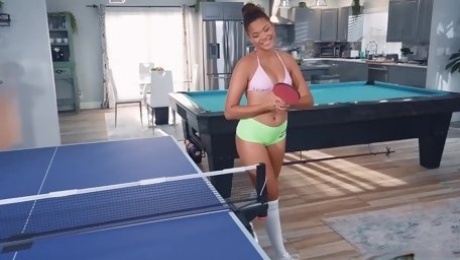 Ebony Michelle Anderson sucks a huge white cock because she lost at ping pong POV