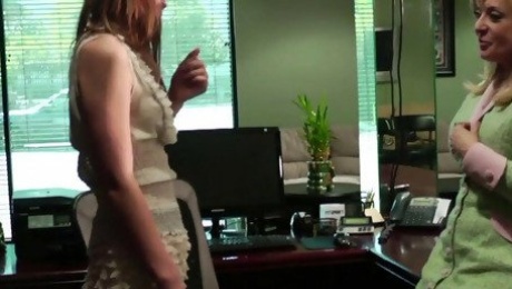 Mature office boss seduces her redhead teen employee