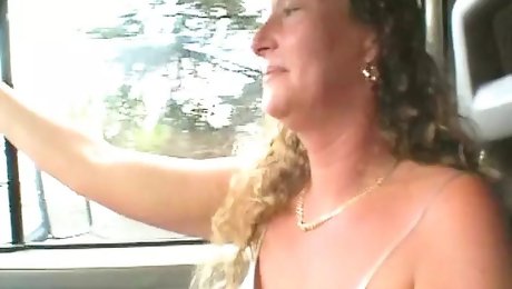 Fat German woman eating cum in the car